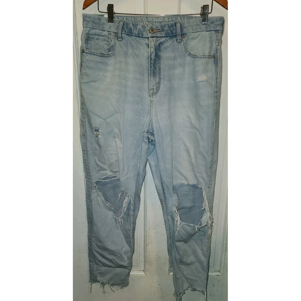 American Eagle Curvy High Mom Jeans Light Wash Blue Distressed Stringid 14 Raw